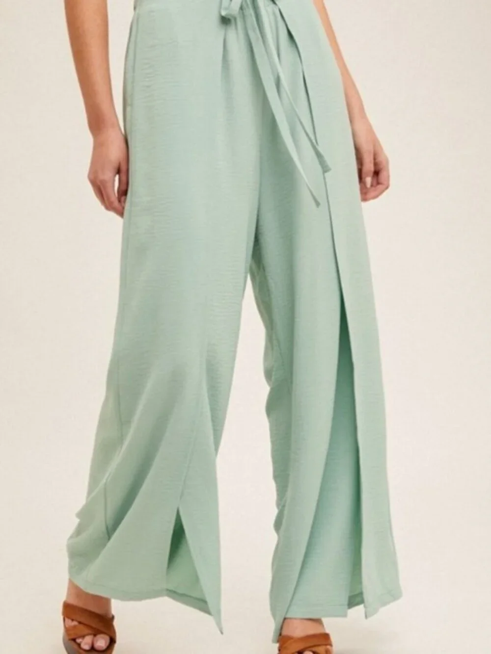Green Wrap Front Wide Leg Summer Pants Large